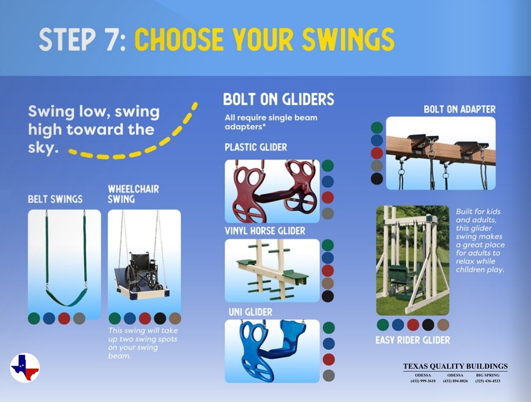 Adventure World Playsets Step 7: Choose Your Swings | texasqualitybuildings.com