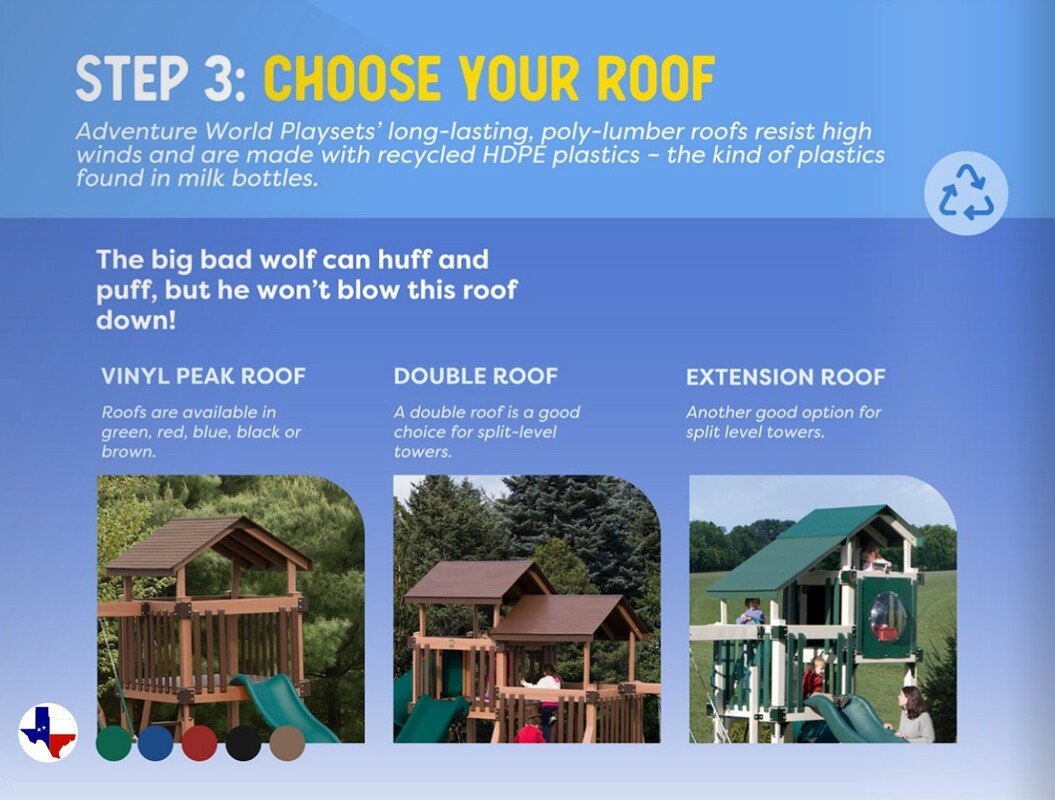 Adventure World Playsets Step 3: Choose Your Roof | texasqualitybuildings.com