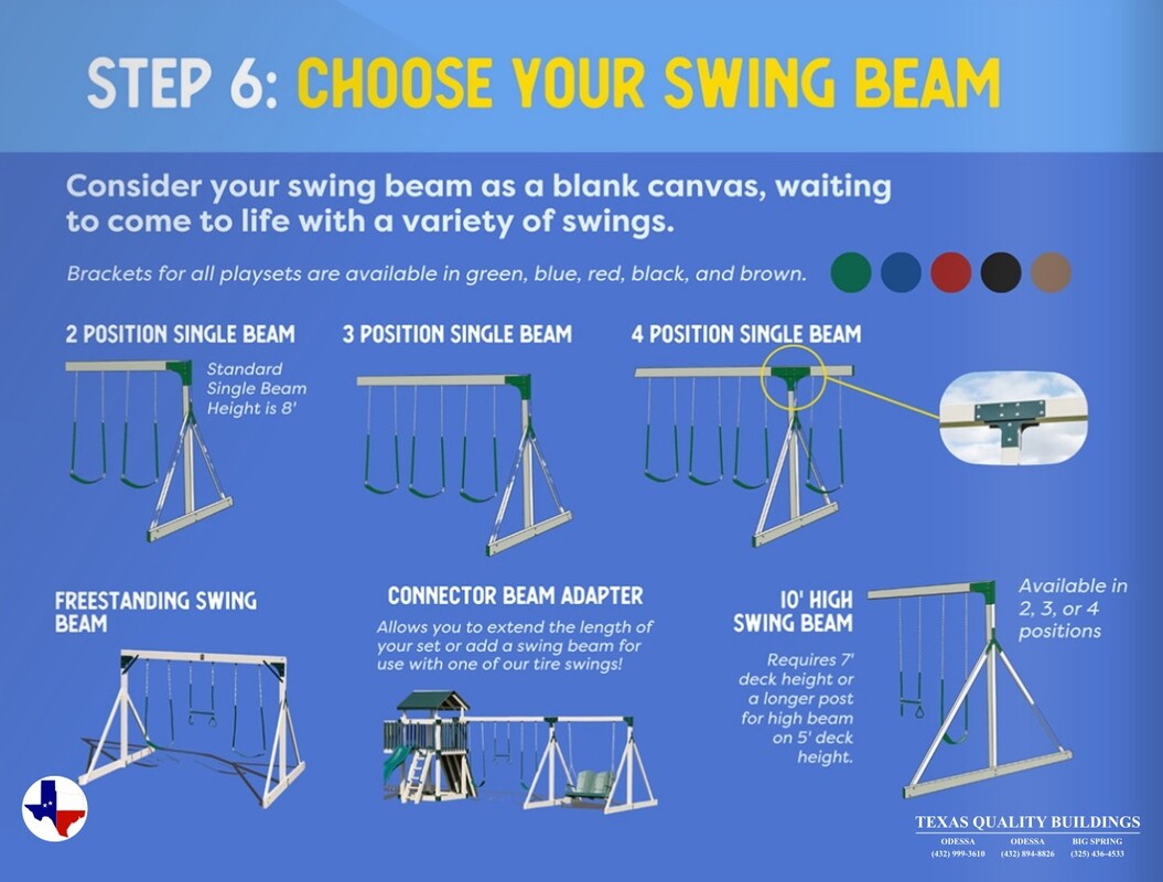 Adventure World Playsets Step 6: Choose Your Swing Beam | texasqualitybuildings.com