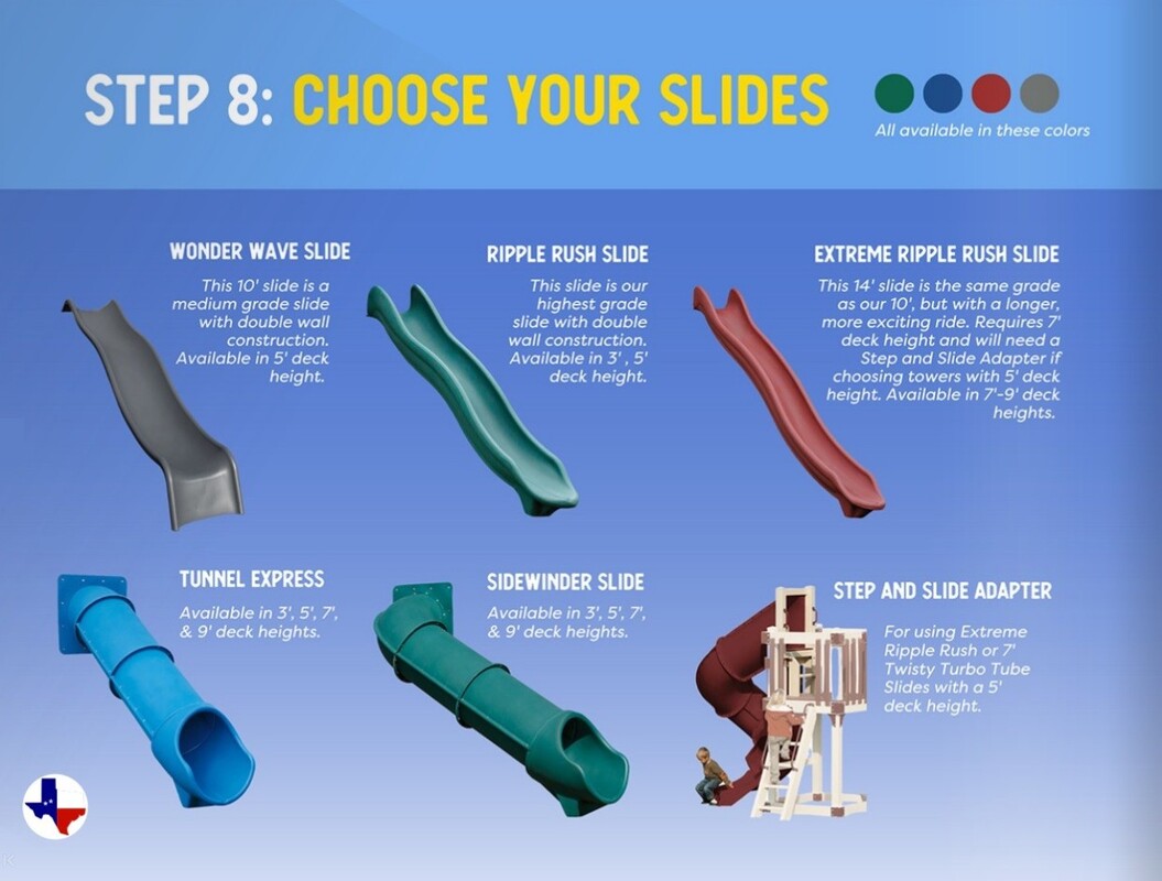 Adventure World Playsets Step 8: Choose Your Slides | texasqualitybuildings.com