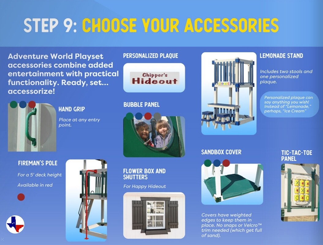 Adventure World Playsets Step 9: Choose Your Accessories and Your Free Item | texasqualitybuildings.com